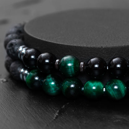 Lava Stone, Hematite, and Green Tiger Eye Bracelet Set for Men