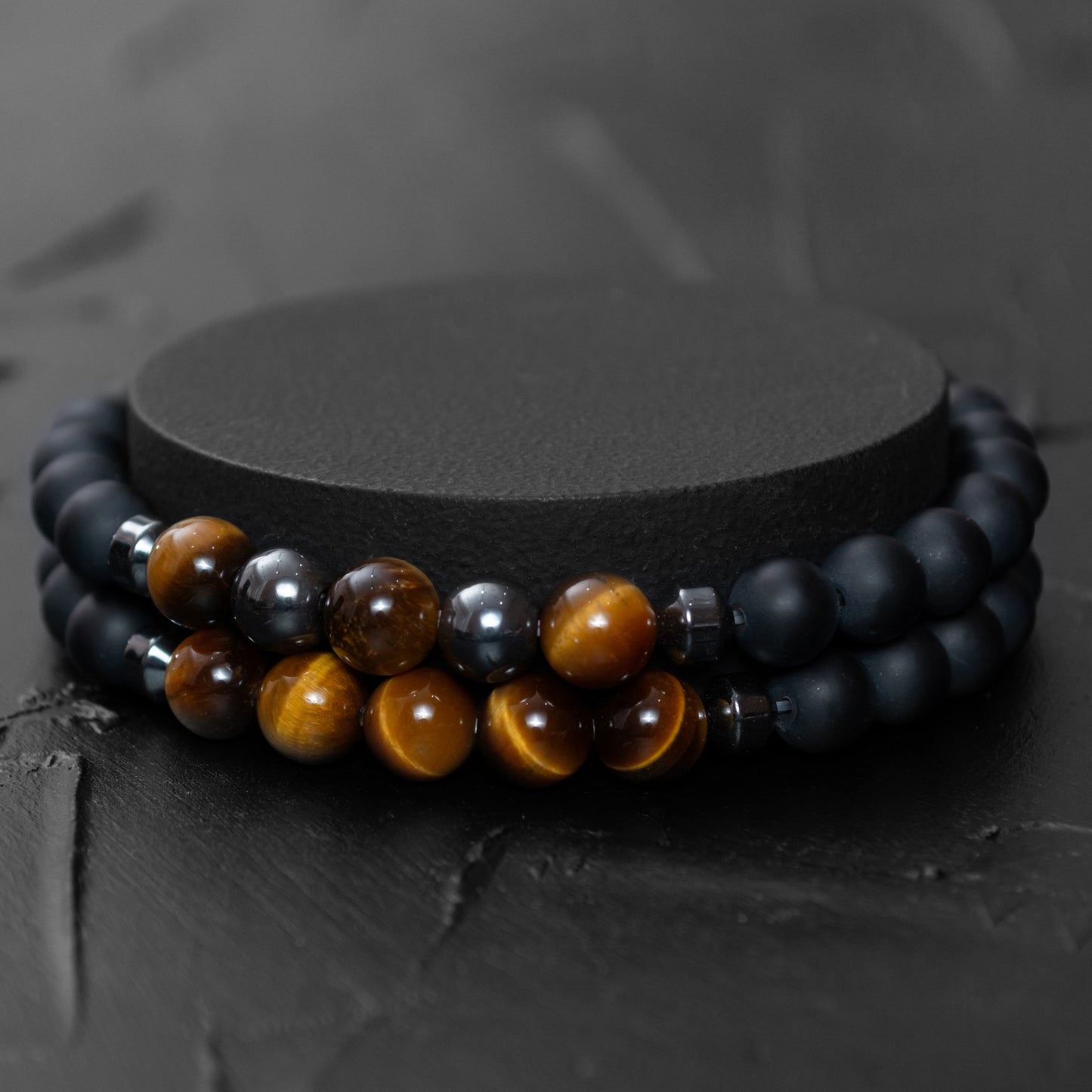 Black Agate, Hematite, and Goldenrod Tiger Eye Bracelet Set for Men