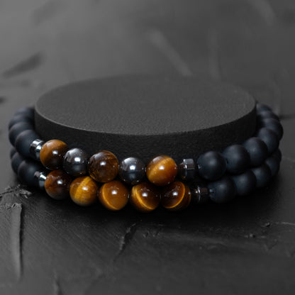 Black Agate, Hematite, and Goldenrod Tiger Eye Bracelet Set for Men