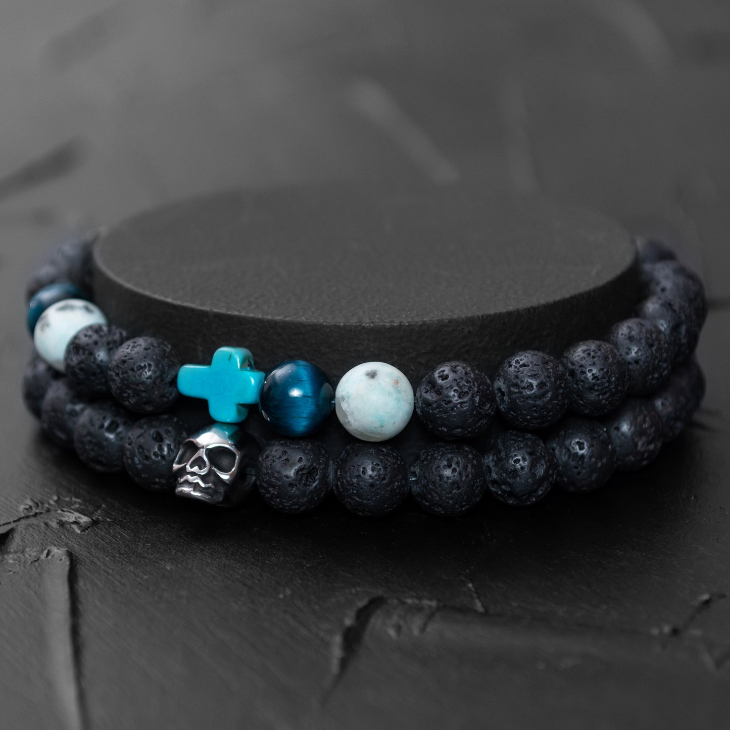 Lava Stone, Blue Tiger Eye, Turquoise Cross, and Stainless Steel Skull Bracelet Set for Men