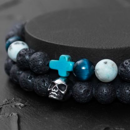 Lava Stone, Blue Tiger Eye, Turquoise Cross, and Stainless Steel Skull Bracelet Set for Men