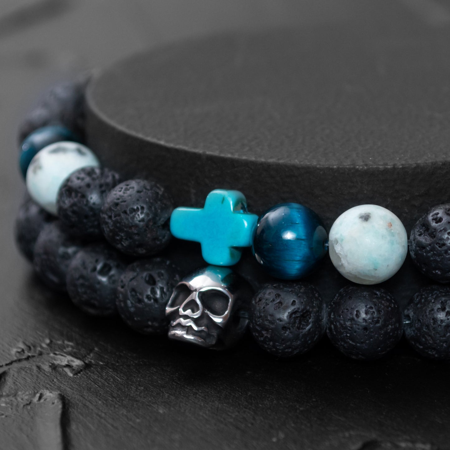 Lava Stone, Blue Tiger Eye, Turquoise Cross, and Stainless Steel Skull Bracelet Set for Women