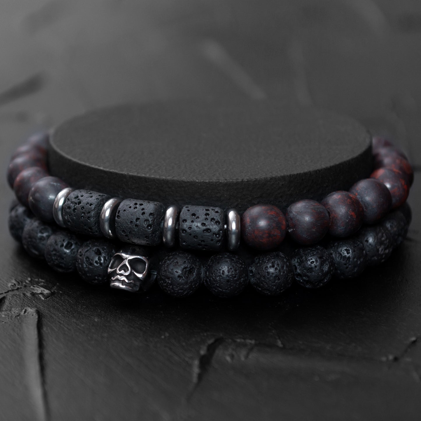 Lava Stone, Brecciated Jasper, and Stainless Steel Skull Bracelet Set for Women