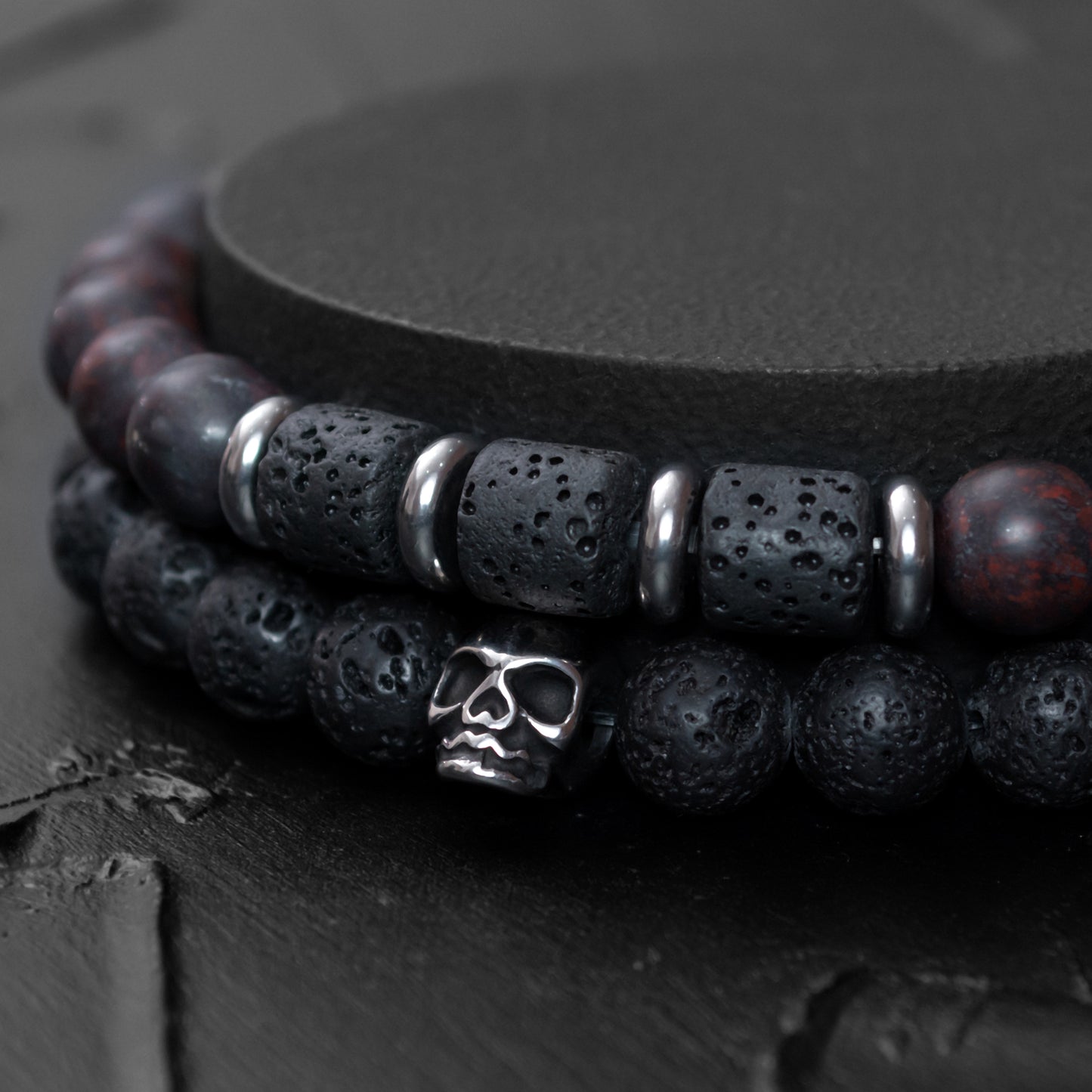 Lava Stone, Brecciated Jasper, and Stainless Steel Skull Bracelet Set for Women