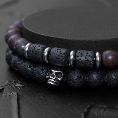 Lava Stone, Brecciated Jasper, and Stainless Steel Skull Bracelet Set for Men