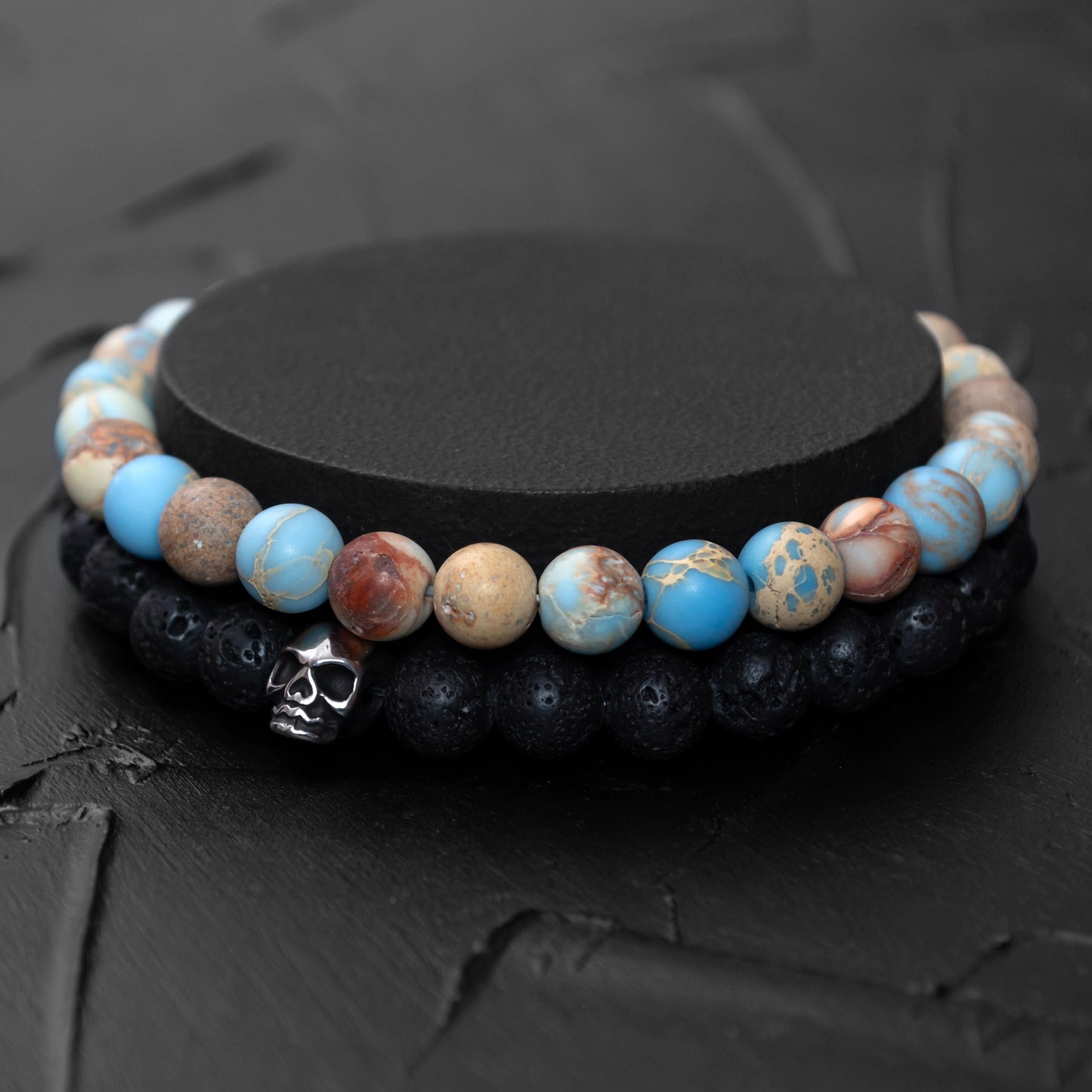 Lava Stone and Imperial Jasper Bracelet Set with Stainless Steel Skull