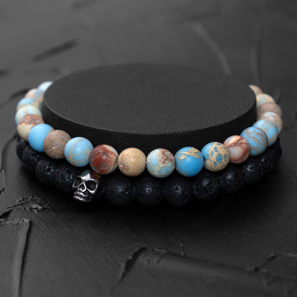 Lava Stone and Imperial Jasper Bracelet Set with Stainless Steel Skull