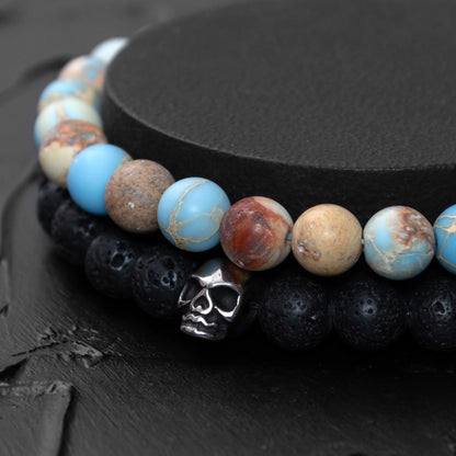 Lava Stone and Imperial Jasper Bracelet Set with Stainless Steel Skull