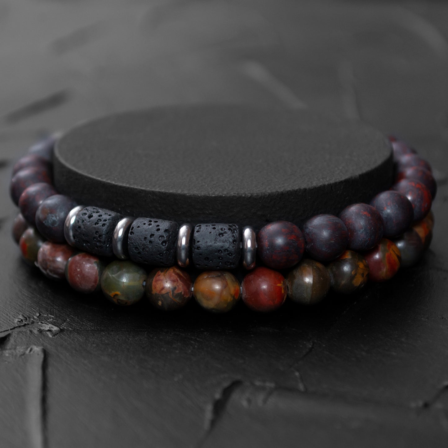 Brecciated Jasper, Lava Rock, and Polychrome Jasper Bracelet Set for Men