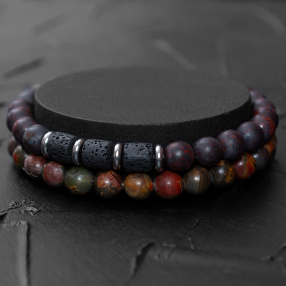 Brecciated Jasper, Lava Rock, and Polychrome Jasper Bracelet Set for Men