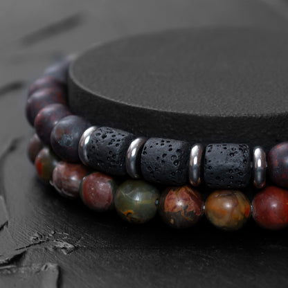 Brecciated Jasper, Lava Rock, and Polychrome Jasper Bracelet Set for Men