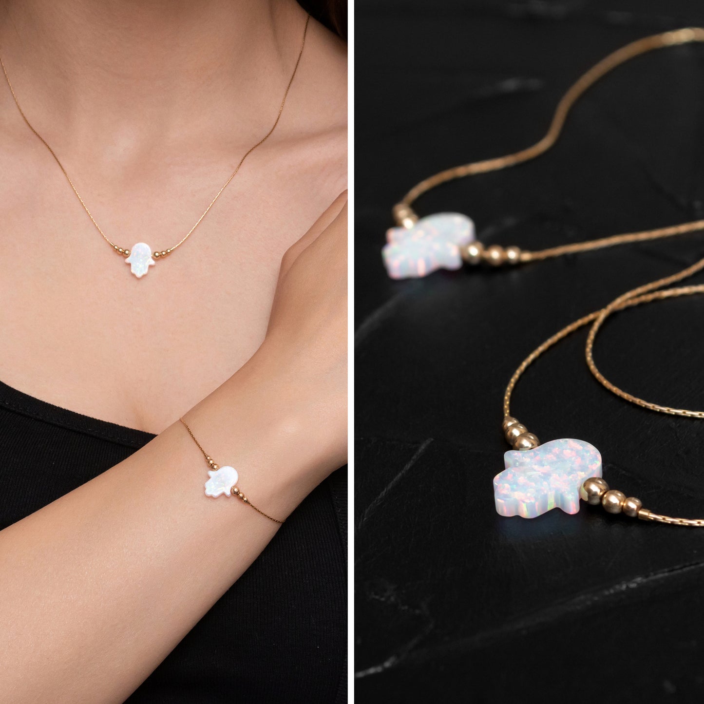 Elegant Opal Hamsa Necklace and Bracelet Set - Customizable in Silver or Gold-Filled