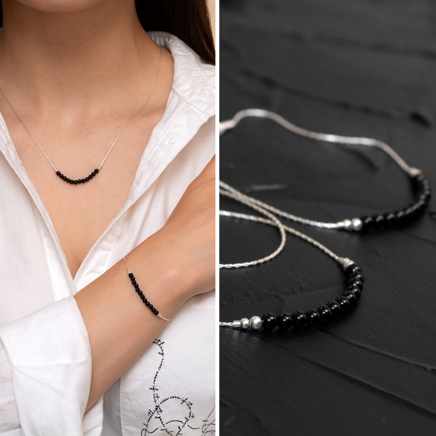 Refined Silver or Gold-Filled Necklace and Bracelet Set with Elegant Onyx Beads